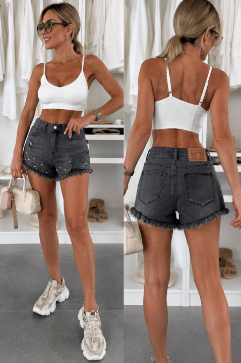 Pantaloni scurți din denim pentru femei, cu perle decorative și detalii strălucitoare PERLANSA BLACK, Culoare: negru, IVET.RO - Reduceri de până la -80%