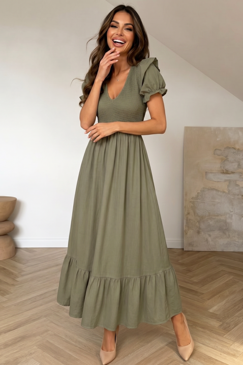 Rochie lungă, vaporoasă, cu mâneci bufante și volan BOFINA KHAKI, Culoare: khaki, IVET.RO - Reduceri de până la -80%