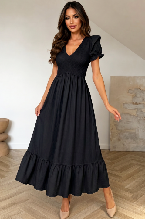 Rochie lungă, vaporoasă, cu mâneci bufante și volan BOFINA BLACK, Culoare: negru, IVET.RO - Reduceri de până la -80%