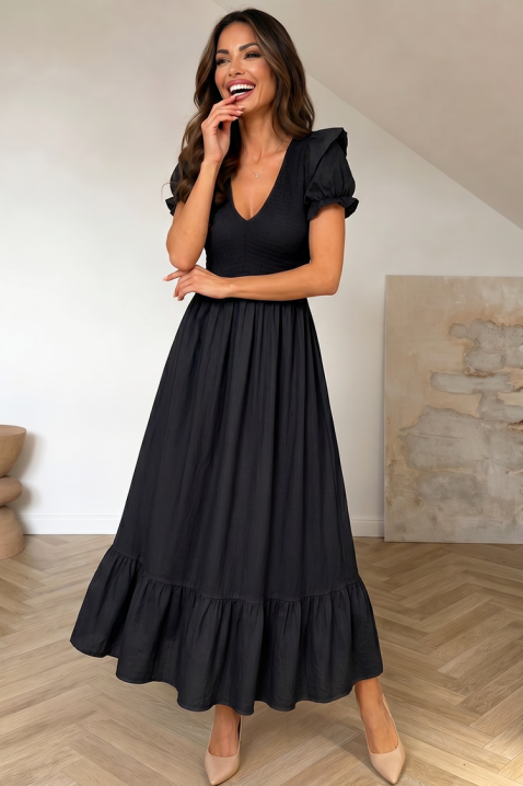 Rochie lungă, vaporoasă, cu mâneci bufante și volan BOFINA BLACK, Culoare: negru, IVET.RO - Reduceri de până la -80%