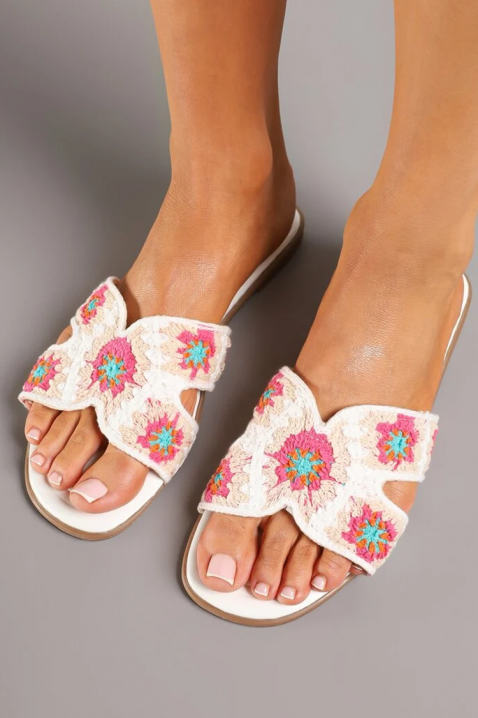 Papuci de damă cu broderie florală GINELIA WHITE, Culoare: alb, IVET.RO - Reduceri de până la -80%