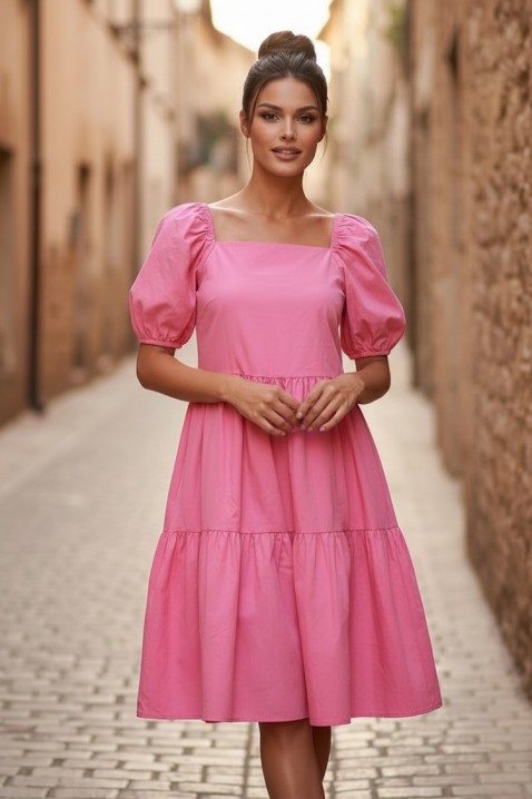 Rochie midi evazată cu decolteu pătrat și mâneci voluminoase SELENASA PINK, Culoare: roz, IVET.RO - Reduceri de până la -80%