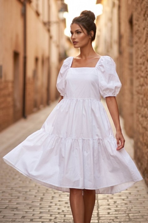 Rochie midi evazată cu decolteu pătrat și mâneci voluminoase SELENASA WHITE, Culoare: alb, IVET.RO - Reduceri de până la -80%