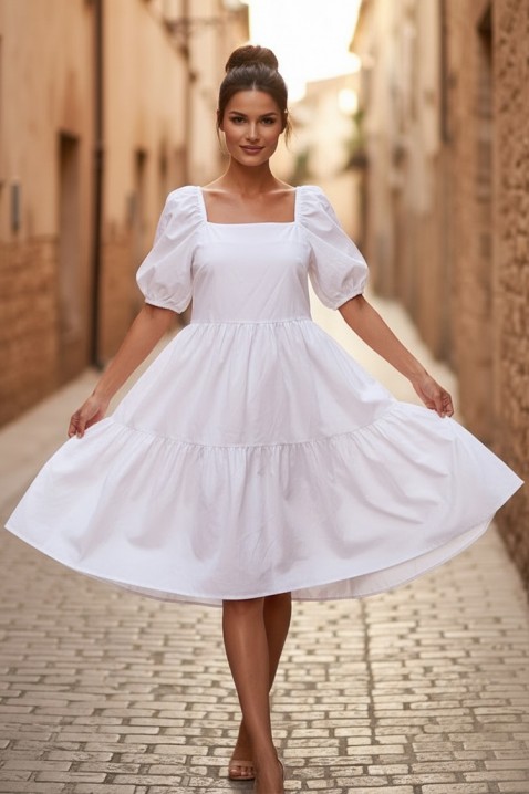 Rochie midi evazată cu decolteu pătrat și mâneci voluminoase SELENASA WHITE, Culoare: alb, IVET.RO - Reduceri de până la -80%