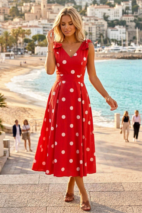 Rochie midi elegantă, cu buline, talie accentuată și panglici decorative VINTANA, Culoare: roșu, IVET.RO - Reduceri de până la -80%