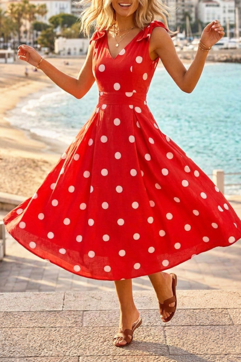 Rochie midi elegantă, cu buline, talie accentuată și panglici decorative VINTANA, Culoare: roșu, IVET.RO - Reduceri de până la -80%