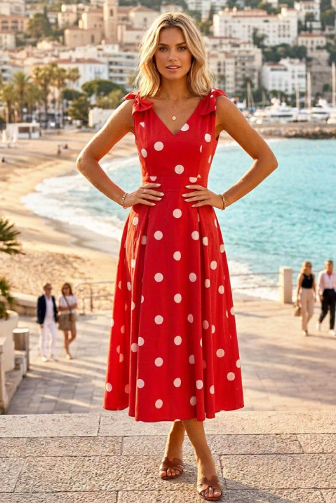 Rochie midi elegantă, cu buline, talie accentuată și panglici decorative VINTANA, Culoare: roșu, IVET.RO - Reduceri de până la -80%