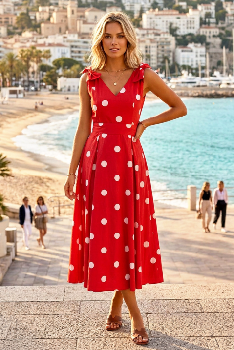 Rochie midi elegantă, cu buline, talie accentuată și panglici decorative VINTANA, Culoare: roșu, IVET.RO - Reduceri de până la -80%