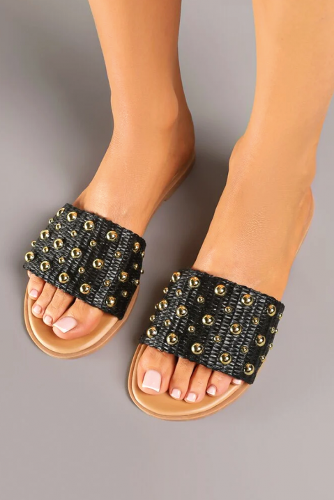 Papuci de damă cu împletitură textilă și capse decorative ZENELA BLACK, Culoare: negru, IVET.RO - Reduceri de până la -80%