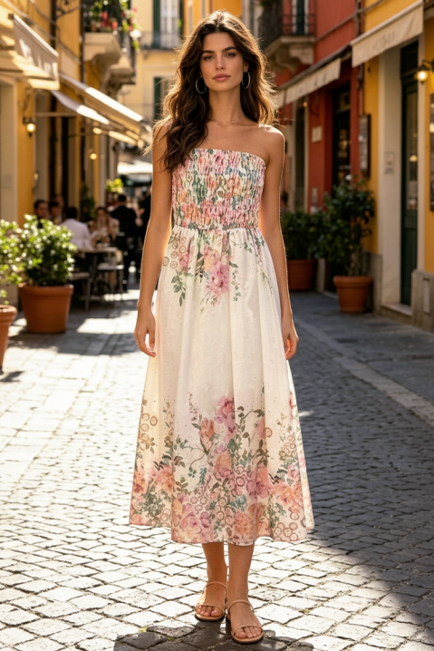 Rochie midi delicată, cu motiv floral și bustieră elastică LAVENDINA PINK, Culoare: multicolor, IVET.RO - Reduceri de până la -80%