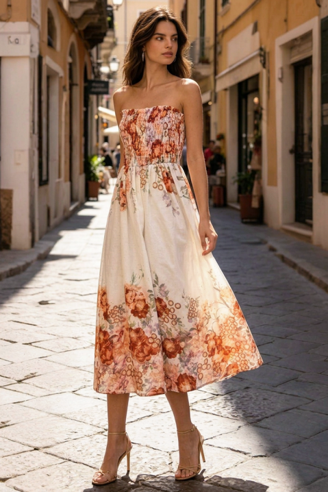 Rochie midi delicată, cu motiv floral și bustieră elastică LAVENDINA ORANGE, Culoare: multicolor, IVET.RO - Reduceri de până la -80%