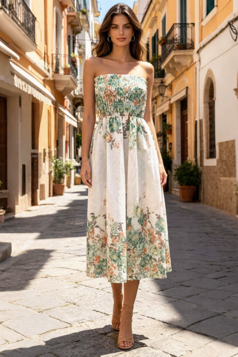 Rochie midi delicată, cu motiv floral și bustieră elastică LAVENDINA GREEN, Culoare: multicolor, IVET.RO - Reduceri de până la -80%