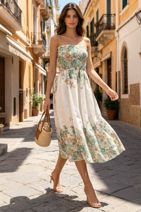 Rochie midi delicată, cu motiv floral și bustieră elastică LAVENDINA GREEN, Culoare: multicolor, IVET.RO - Reduceri de până la -80%