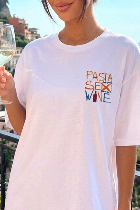 Tricou pentru femei cu croială lejeră și nscripția „pasta sex wine BELVITA, Culoare: alb, IVET.RO - Reduceri de până la -80%