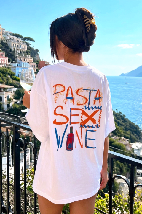 Tricou pentru femei cu croială lejeră și nscripția „pasta sex wine BELVITA, Culoare: alb, IVET.RO - Reduceri de până la -80%