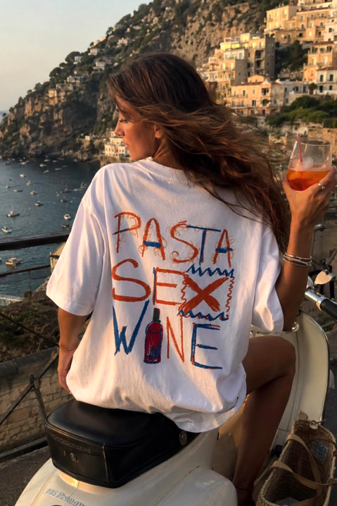 Tricou pentru femei cu croială lejeră și nscripția „pasta sex wine BELVITA, Culoare: alb, IVET.RO - Reduceri de până la -80%