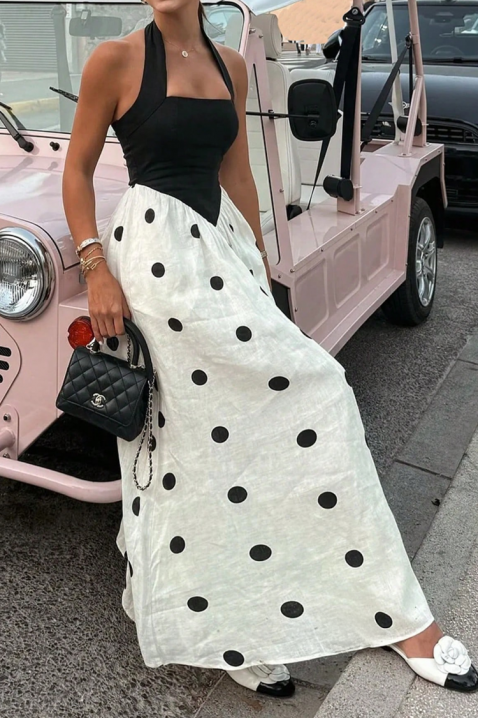 Rochie lungă și elegantă, cu buline și decolteu halter LEONELA WHITE, Culoare: negru și alb, IVET.RO - Reduceri de până la -80%