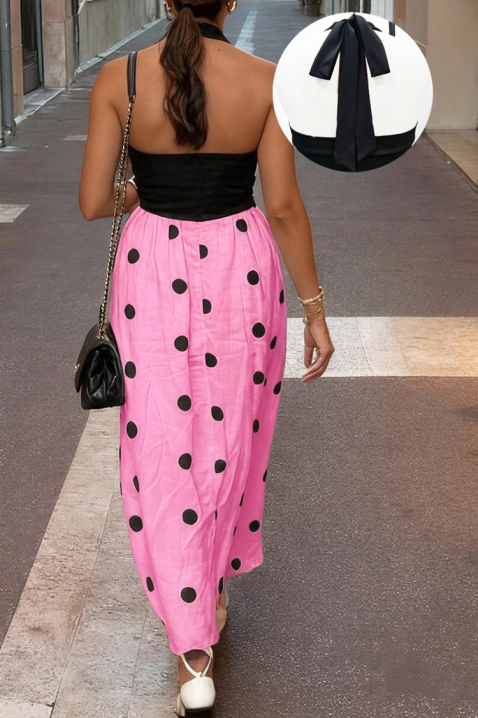 Rochie lungă și elegantă, cu buline și decolteu halter LEONELA PINK, Culoare: negru și roz, IVET.RO - Reduceri de până la -80%