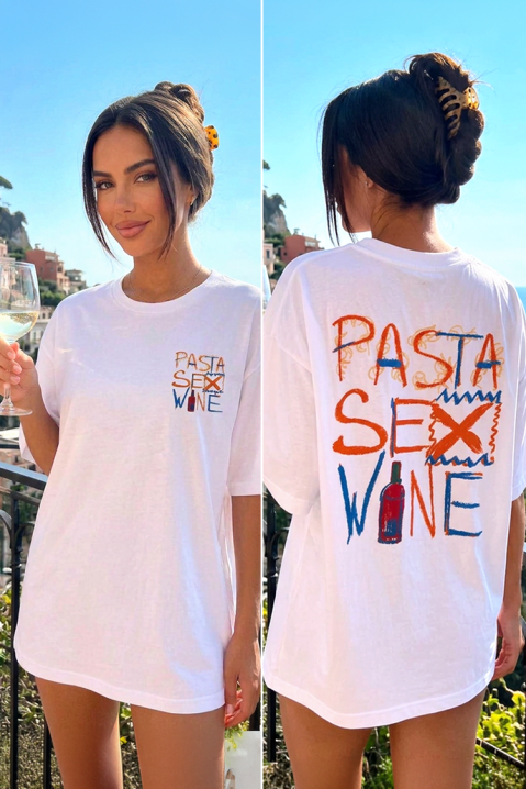 Tricou pentru femei cu croială lejeră și inscripții „pasta sex wine