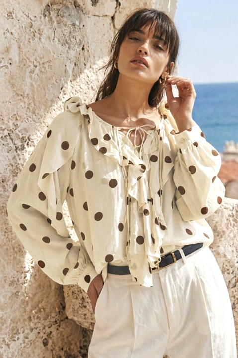 Bluză elegantă pentru femei, cu buline și volane fermecătoare DAMELSIA BEIGE, Culoare: bej, IVET.RO - Reduceri de până la -80%