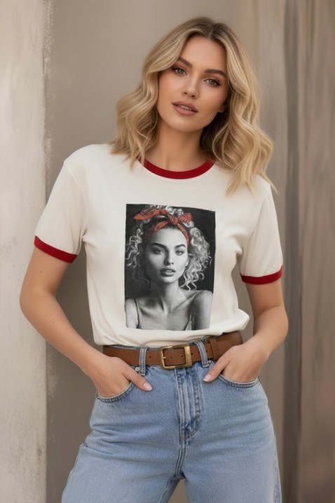 Tricou pentru femei cu imprimeu artistic și bordură în culori contrastante CARAMINA RED, Culoare: roșu, IVET.RO - Reduceri de până la -80%