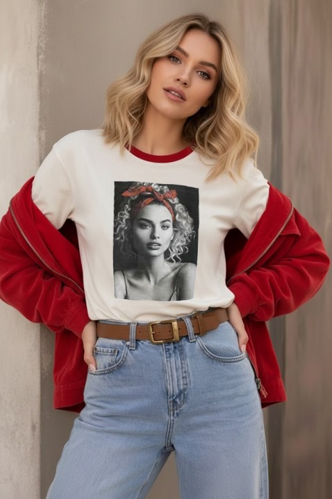 Tricou pentru femei cu imprimeu artistic și bordură în culori contrastante CARAMINA RED, Culoare: roșu, IVET.RO - Reduceri de până la -80%