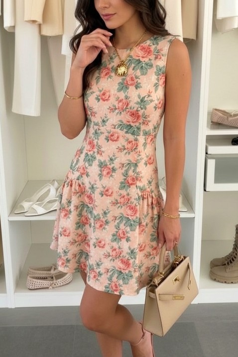 Rochie de tip salopetă cu pantaloni scurți, cu motiv floral ROSAMILA, Culoare: piersică, IVET.RO - Reduceri de până la -80%