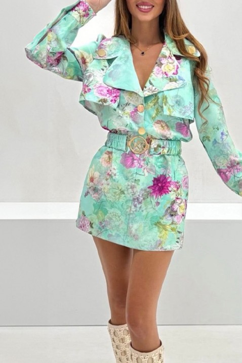 Rochie scurtă de tip sacou, cu motiv floral și accent la talie FLORENIZA MINT, Culoare: multicolor, IVET.RO - Reduceri de până la -80%