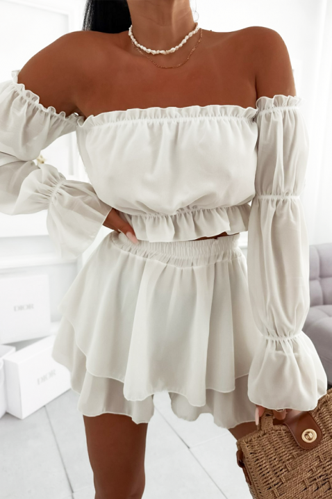 Set pentru femei format din un top cu umeri căzuți și o fustă-pantalon LORINANA WHITE, Culoare: alb, IVET.RO - Reduceri de până la -80%