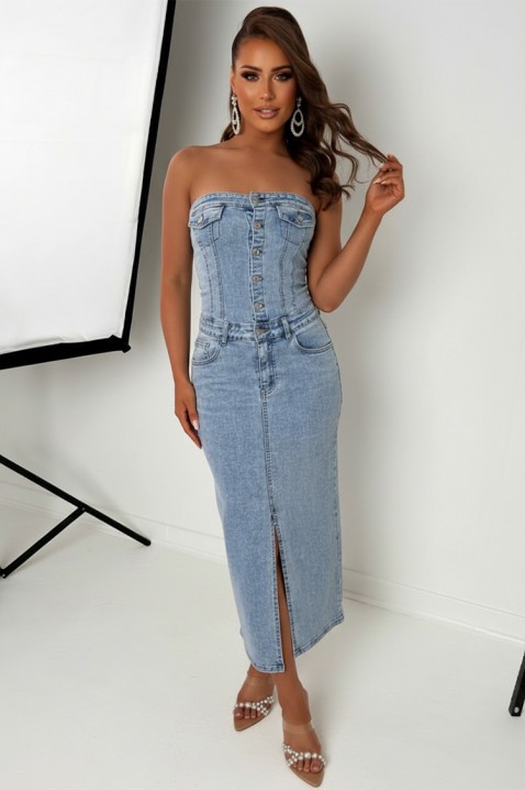 Rochie midi elegantă din denim, cu detalii cu perle și umeri goi KAITHLYN, Culoare: denim, IVET.RO - Reduceri de până la -80%