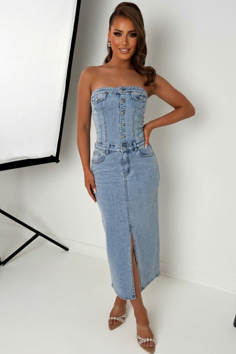 Rochie midi elegantă din denim, cu detalii cu perle și umeri goi KAITHLYN, Culoare: denim, IVET.RO - Reduceri de până la -80%