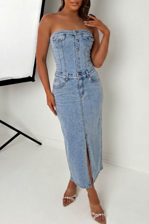 Rochie midi elegantă din denim, cu detalii cu perle și umeri goi KAITHLYN, Culoare: denim, IVET.RO - Reduceri de până la -80%