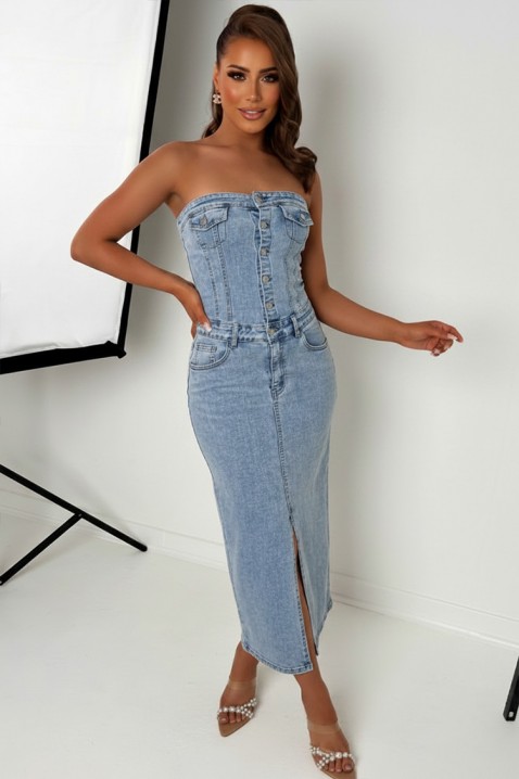 Rochie midi elegantă din denim, cu detalii cu perle și umeri goi KAITHLYN, Culoare: denim, IVET.RO - Reduceri de până la -80%