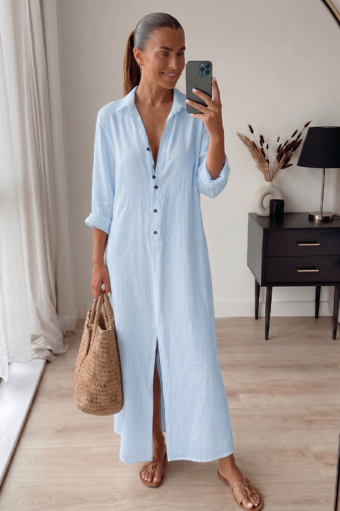 Rochie lungă, lejeră, în stil cămașă, cu nasturi JULIDIANA SKY, Culoare: albastru deschis, IVET.RO - Reduceri de până la -80%