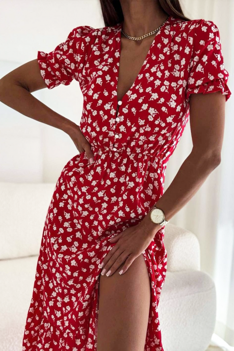 Rochie midi cu floral print, decolteu V și fante KATRINSA RED, Culoare: roșu, IVET.RO - Reduceri de până la -80%