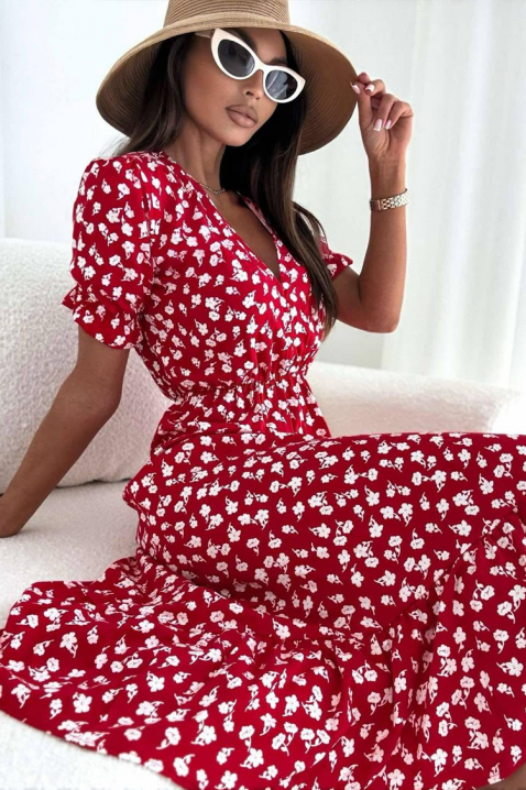 Rochie midi cu floral print, decolteu V și fante KATRINSA RED, Culoare: roșu, IVET.RO - Reduceri de până la -80%