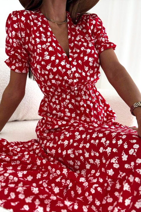 Rochie midi cu floral print, decolteu V și fante KATRINSA RED, Culoare: roșu, IVET.RO - Reduceri de până la -80%
