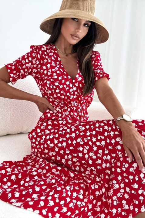 Rochie midi cu floral print, decolteu V și fante KATRINSA RED, Culoare: roșu, IVET.RO - Reduceri de până la -80%