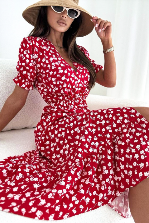 Rochie midi cu floral print, decolteu V și fante KATRINSA RED, Culoare: roșu, IVET.RO - Reduceri de până la -80%