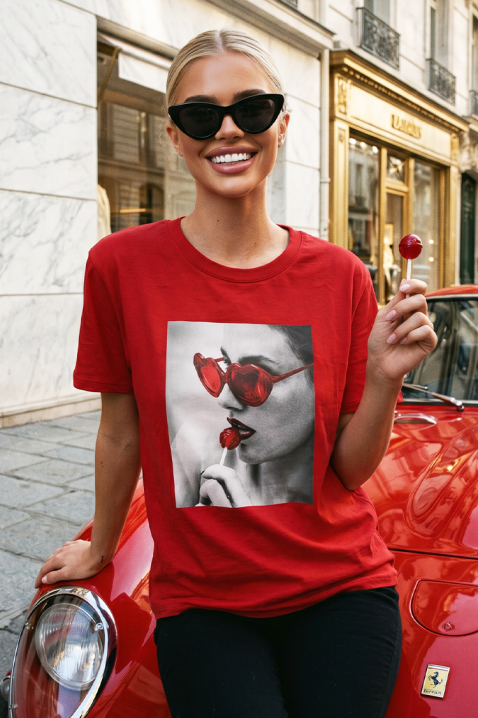 Tricou pentru femei cu un imprimeu drăguț și decolteu rotund BELISITA RED, Culoare: roșu, IVET.RO - Reduceri de până la -80%