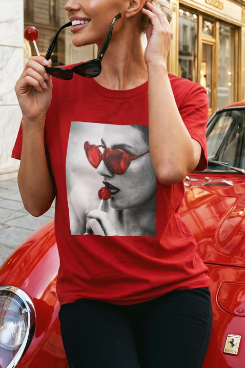 Tricou pentru femei cu un imprimeu drăguț și decolteu rotund BELISITA RED, Culoare: roșu, IVET.RO - Reduceri de până la -80%