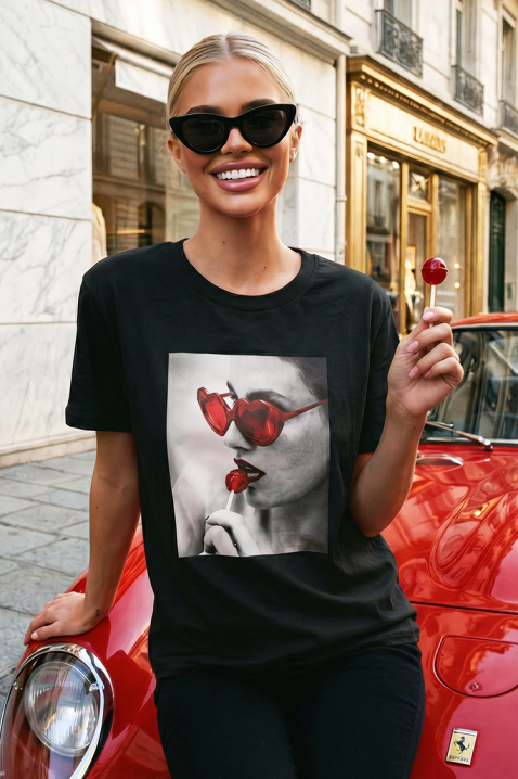 Tricou pentru femei cu un imprimeu drăguț și decolteu rotund BELISITA BLACK, Culoare: negru, IVET.RO - Reduceri de până la -80%