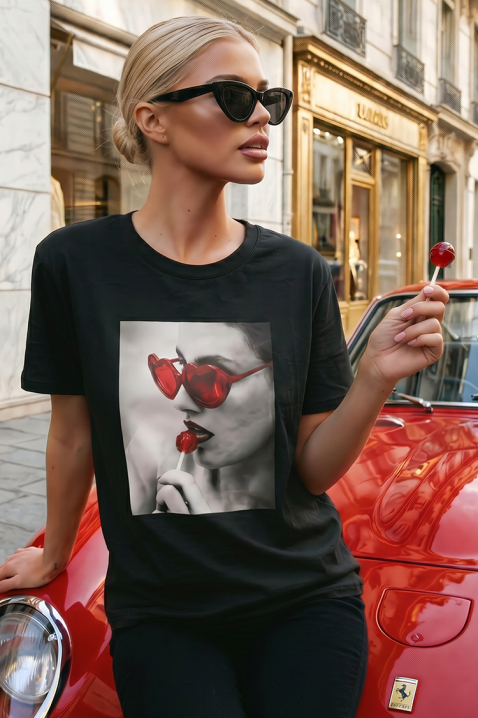 Tricou pentru femei cu un imprimeu drăguț și decolteu rotund BELISITA BLACK, Culoare: negru, IVET.RO - Reduceri de până la -80%