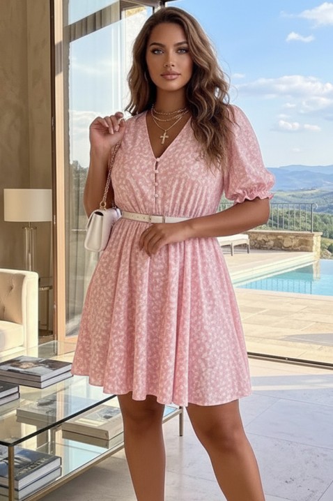 Rochie mini pentru viata de zi cu zi cu motiv floral și mâneci scurte DERENSA PINK, Culoare: roz, IVET.RO - Reduceri de până la -80%