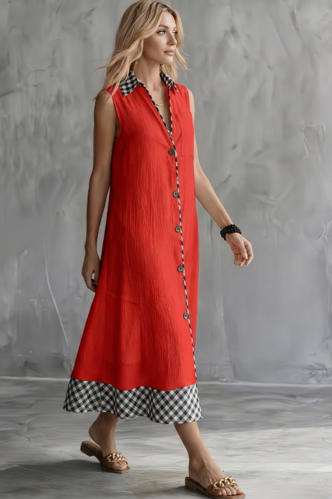 Rochie fără mâneci, cu nasturi și un model în carouri HRISANTINA RED, Culoare: roșu, IVET.RO - Reduceri de până la -80%