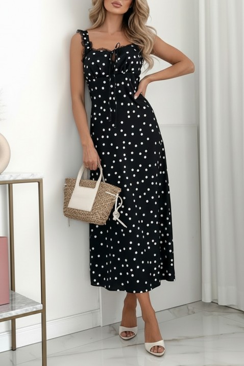 Rochie midi elegantă cu buline și bretele din dantelă DELINSA BLACK, Culoare: negru, IVET.RO - Reduceri de până la -80%