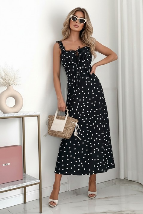 Rochie midi elegantă cu buline și bretele din dantelă DELINSA BLACK, Culoare: negru, IVET.RO - Reduceri de până la -80%