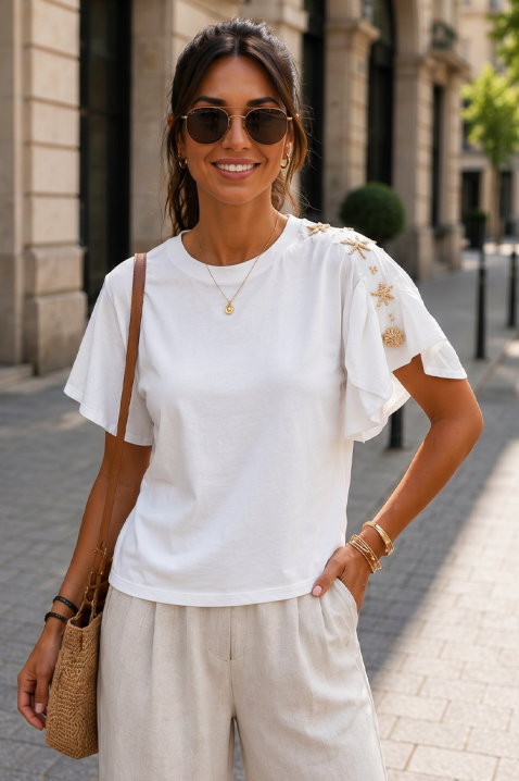 Tricou pentru femei cu mâneci cu volane și aplicații decorative cu motive marine TARISIA WHITE, Culoare: alb, IVET.RO - Reduceri de până la -80%