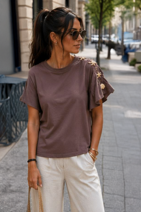 Tricou pentru femei cu mâneci cu volane și aplicații decorative cu motive marine TARISIA BROWN, Culoare: maro, IVET.RO - Reduceri de până la -80%