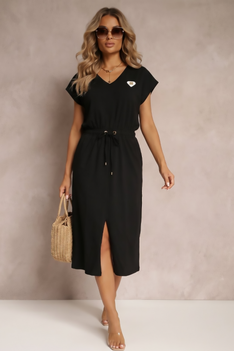 Rochie midi potrivita pentru viata de zi cu zi cu talie reglabilă și fante GRASIELIA BLACK, Culoare: negru, IVET.RO - Reduceri de până la -80%